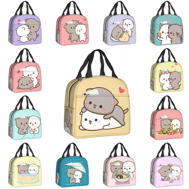 

Парная изолированная сумка для ланча с изображением кошки Mochi, термобокс для ланча из персика и Гомы, портативные сумки-тоуты с охлаждением для детей, женская школьная сумка для работы