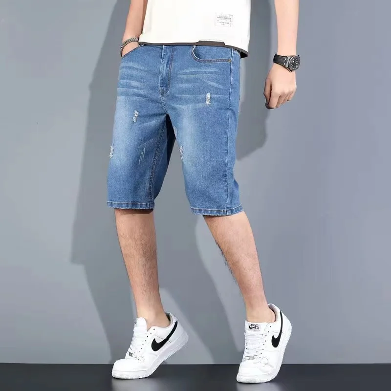 

2023 Summer Thin Men's Denim Shorts 5/4 Casual Jeans Loose Straight Horse Pants 5/8 Mid