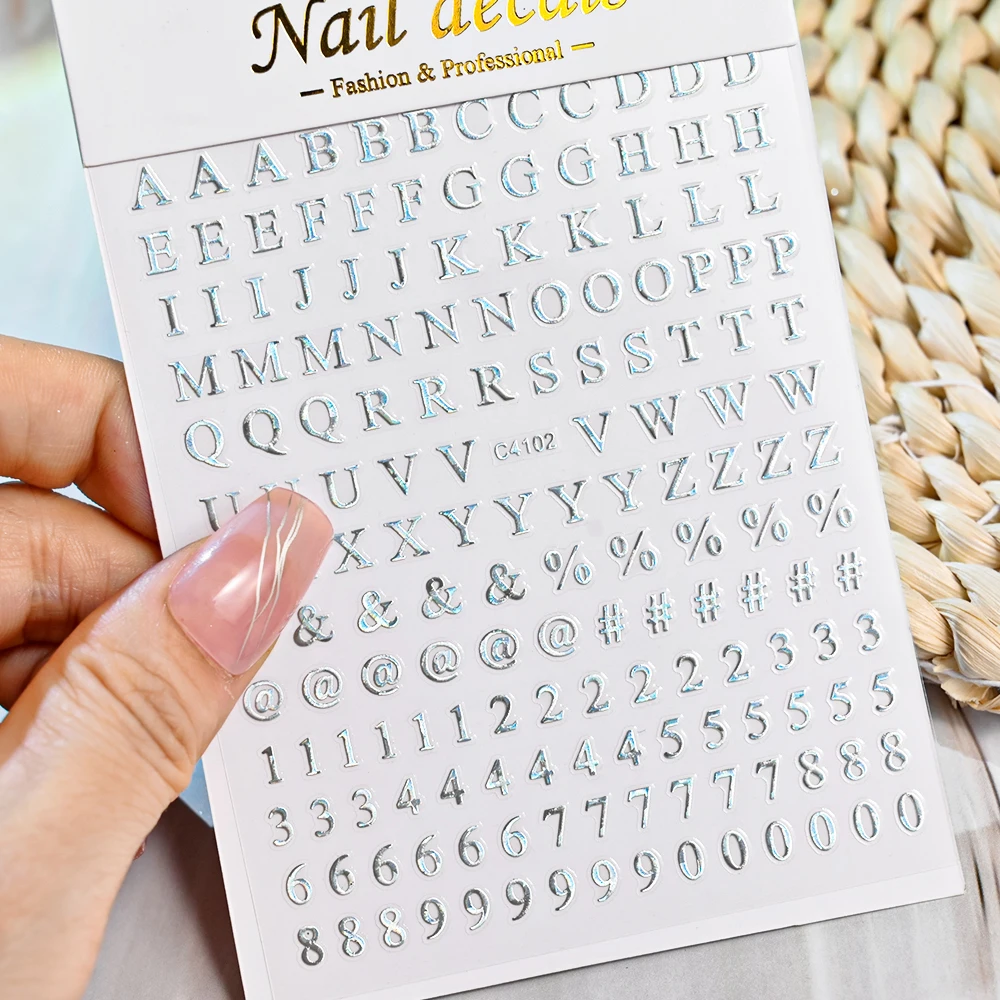 

3D English Letter Number Nail Stickers Golden Silver Black Alphabet Design Self Adhesive Decal English Words Manicure Decoration