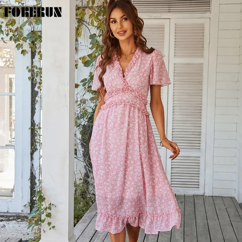 

FORERUN Sexy V Neck Floral Long Dresses Women Ruffle Chiffon Short Sleeve Boho High Waist Holiday Vestidos Robe Longue