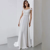 off shoulder v neck wedding dress 2022 appliques pearls backless sweep train simple for women new arrival stain a line