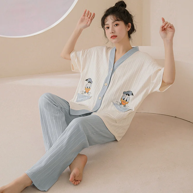spring  autumn new style pajamas women's short sleeved cardigan  leisure summer thin student large home clothes can be worn out
