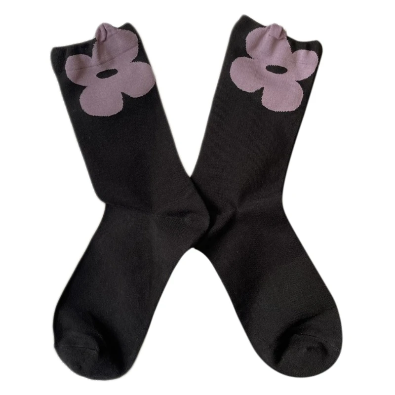 

Korean Japanese Women Cotton Crew Socks Harajuku Preppy Style Sweet Big Flower Pattern Contrast Color Student Mid Tube Hosiery