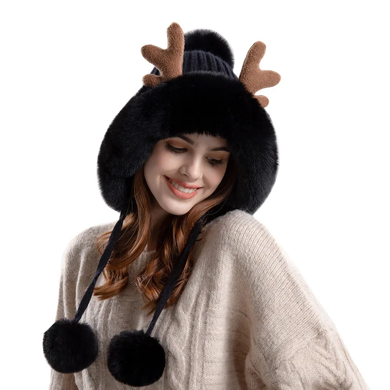 

9991 new antler knitting wool cap plush ear muff cap Korean version three wool ball thickened thermal cap children