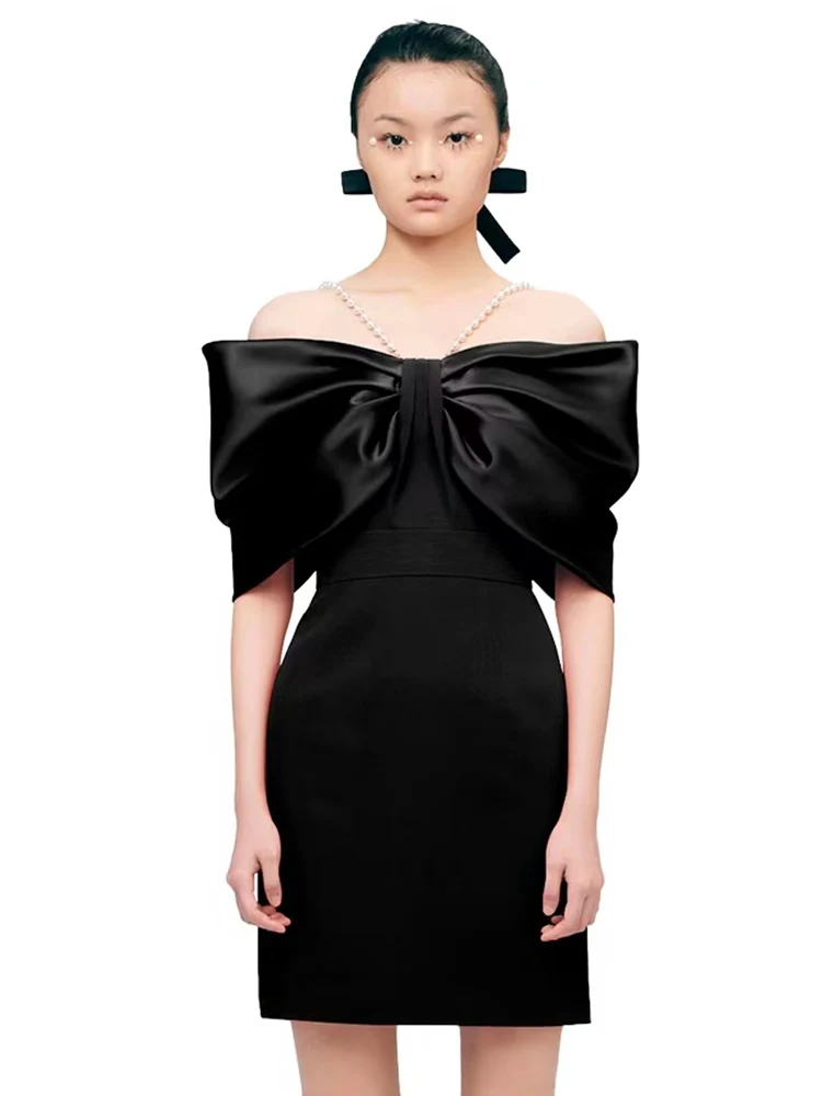 

Catwalk Style Sexy Leaky Shoulder Bows Tube Top Pearl Sling Dress Ladies Summer New Fashion Tight Sexy Hip Dress