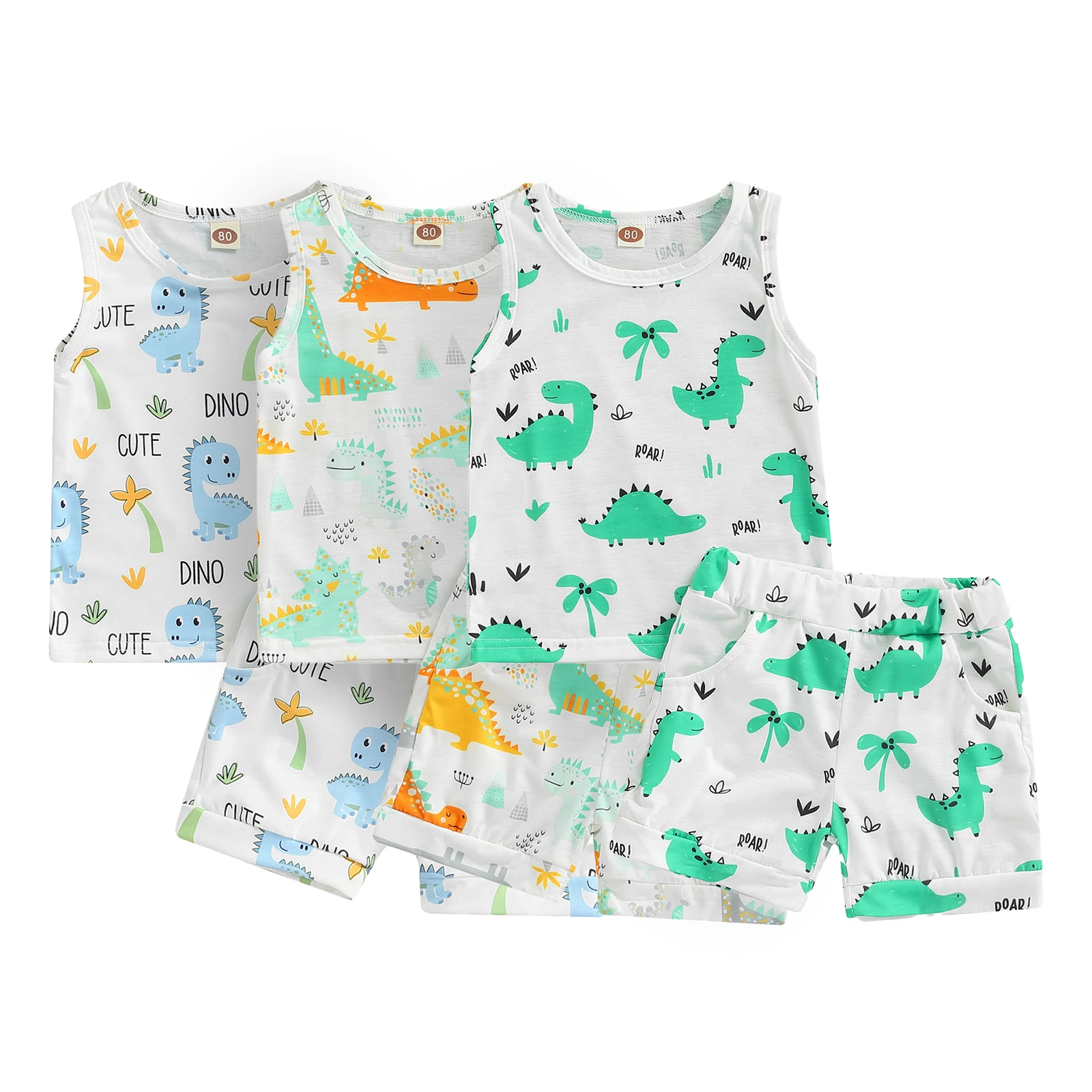 

Летняя одежда для маленьких девочек и мальчиков, жилет без рукавов с мультяшным рисунком, шорты с принтом динозавра, одежда из 2 предметов