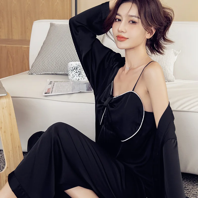 

Women Spring Autumn New Sexy Silk Satin Three Piece Suit Long Sleeve Comfortable Nightclothes Loose Leisure Pajama Set Sleepwear