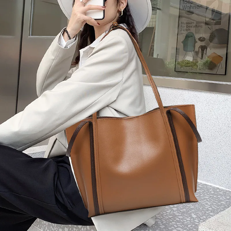 Genuine Leather Tote Bag Large Capacity Portable Bag All-Match Shoulder Bag Soft Cowhide Handbag Contrasting colors Mother Bag