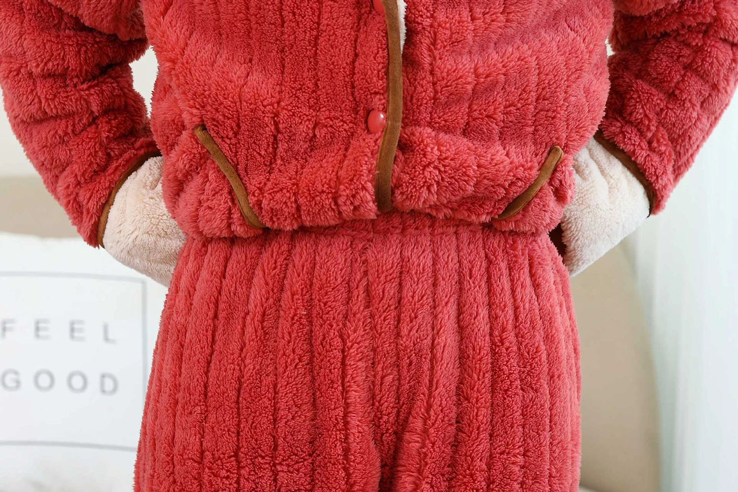 Ladies Pajama Sets Solid  Color Style Nightgown Thicken Autumn And Winter Keep Warm Hoodie Pocket Elastic Waist Design