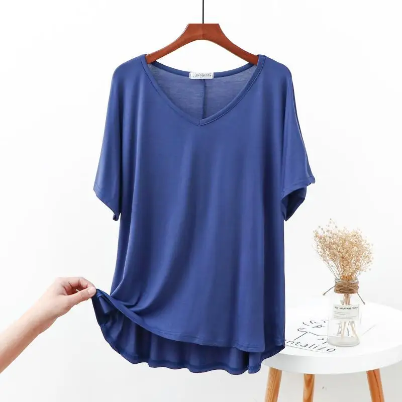 

Summer thin short sleeve large size T-shirt V-neck casual loose pajamas pregnant women home solid color base shirt BLACK