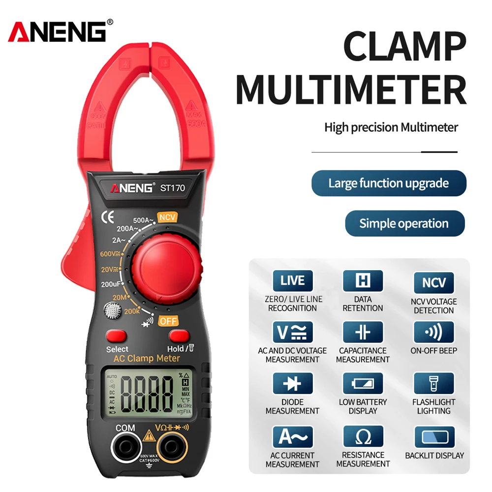 

ANENG ST170 Clamp Meter Digital Multimeter 500A AC Current AC/DC Voltage Tester 1999 Counts Hz Capacitance NCV Ohm Diode Test