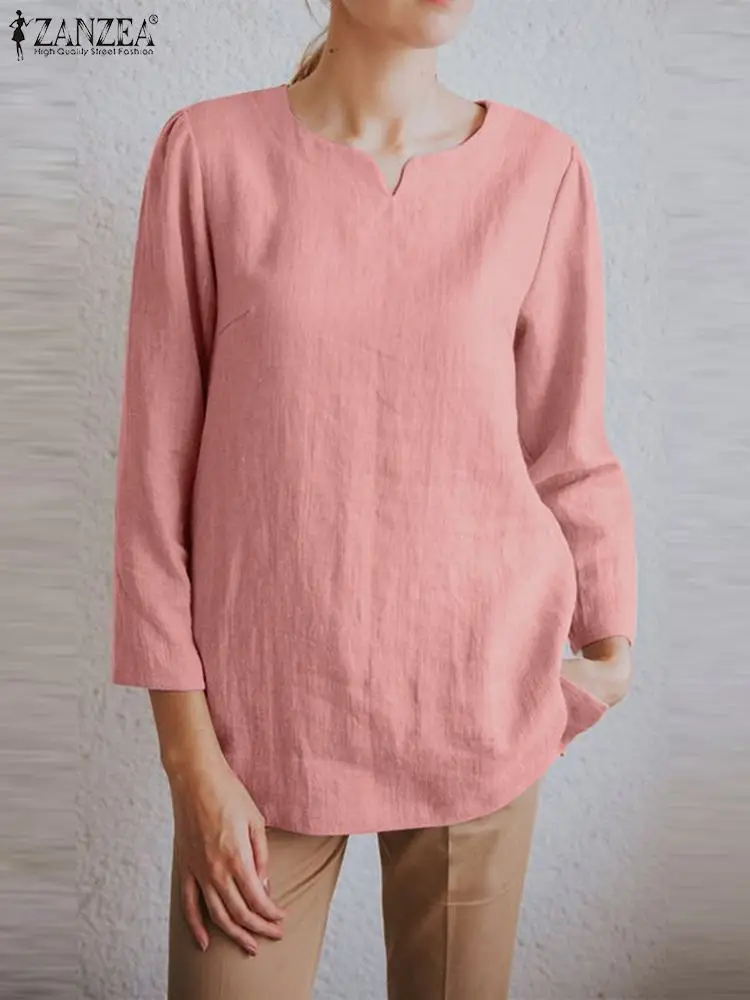 

2023 ZANZEA Spring Stylish Blouse Woman Long Sleeve V Neck Tops Elegant Solid Pure Cotton Shirt Female Casual Chemise Oversized