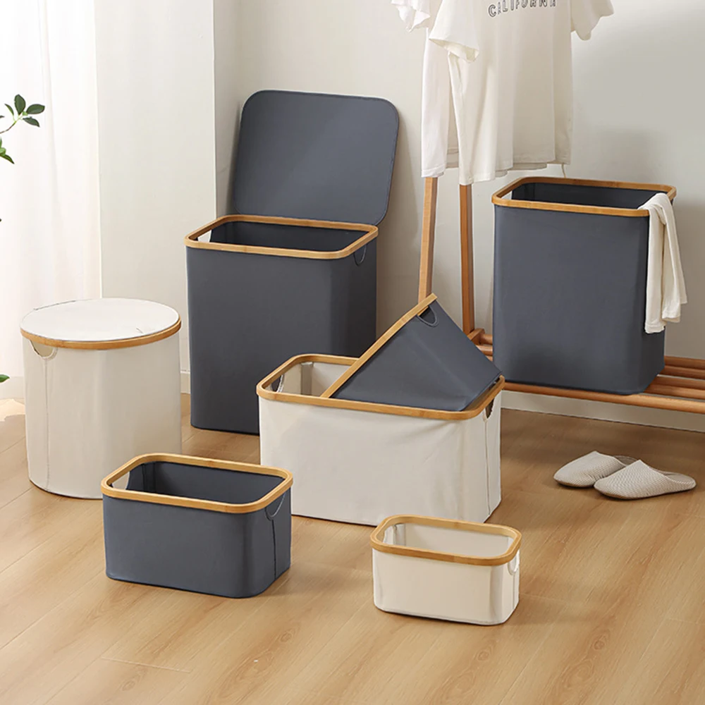 

Collapsible Laundry Basket Household Storage Hamper Bamboo Fabric Dirty Clothes Bag with Handles Storage Basket for Bathroom