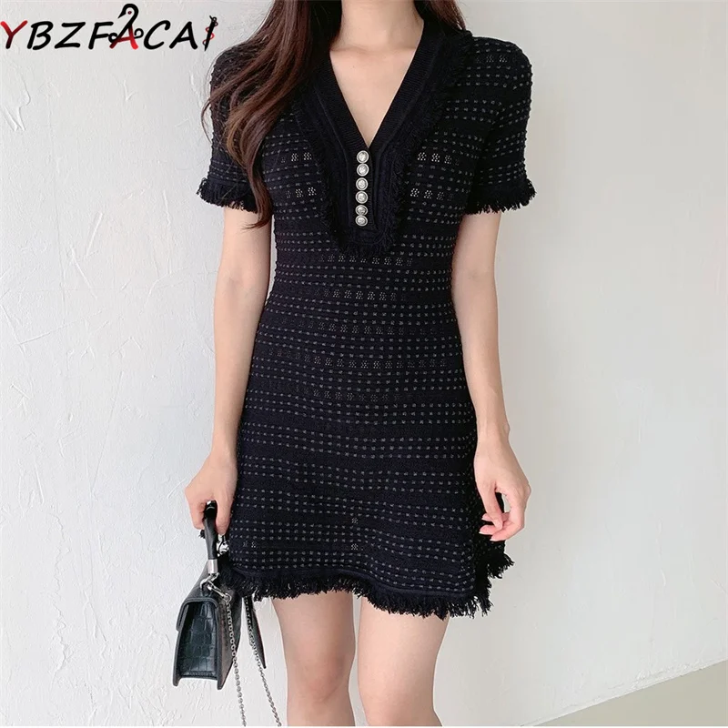 

Black Knitted Dress Women Korea Simple White V-Neck Striped Knitted A-Line Dress Summer Fashion Hollow Tassel Slim Daily Dress