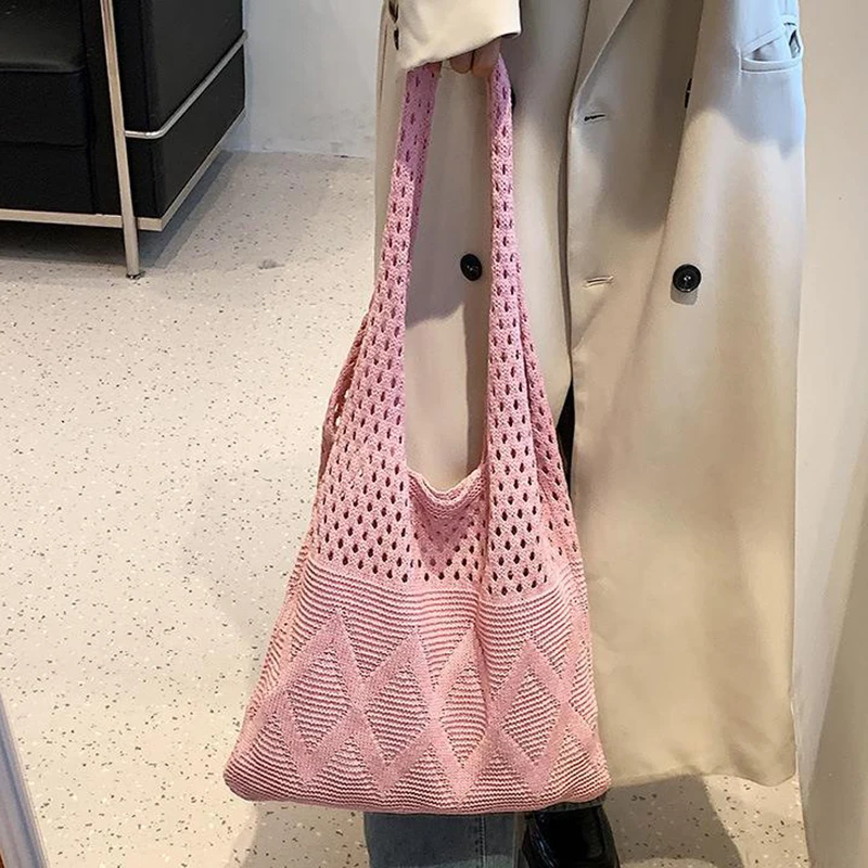 

2022 Women Hollow Out Handbags Solid Color Large Capacity Shoulder Shopping Knitted Bags Femme Casual Fashion Hand Bags