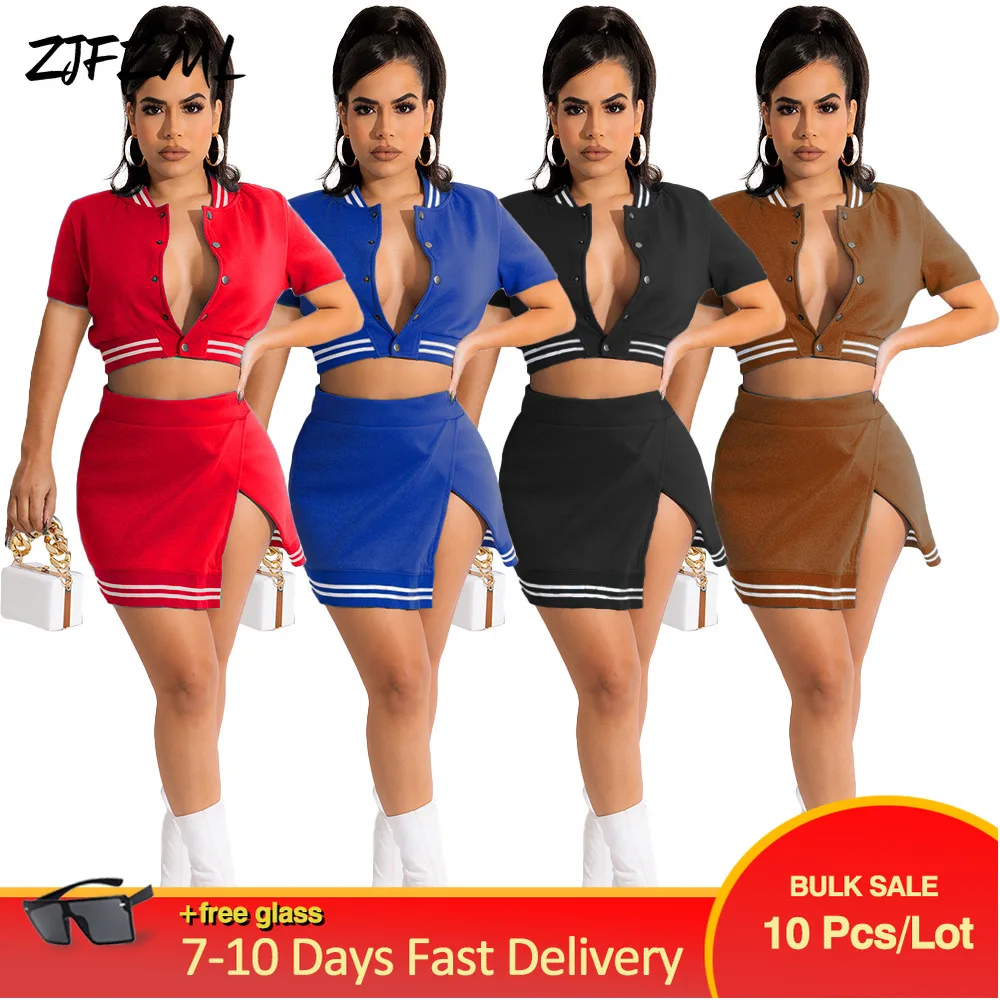 

Bulk Items Wholesale Lots Casual Women's Varisty Tracksuit Summer Short Sleeve Single Breasted Crop Coat+high Waist Split Skirt