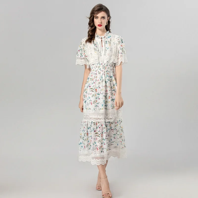 2024 новое летнее женское платье с круглым вырезом и принтом ажурное