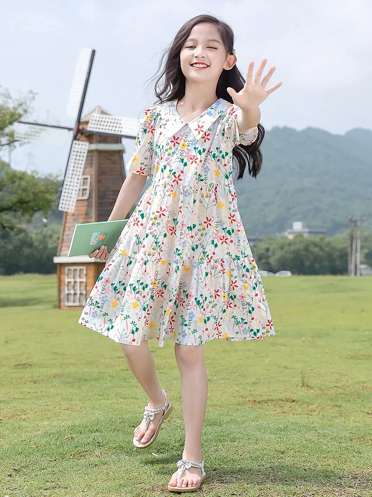 

Kids Girls Round Neck Pleated 2022 Summer New Korean Loose Short-Sleeve Dresses Children Clothing Printing Knee-length Dress P15