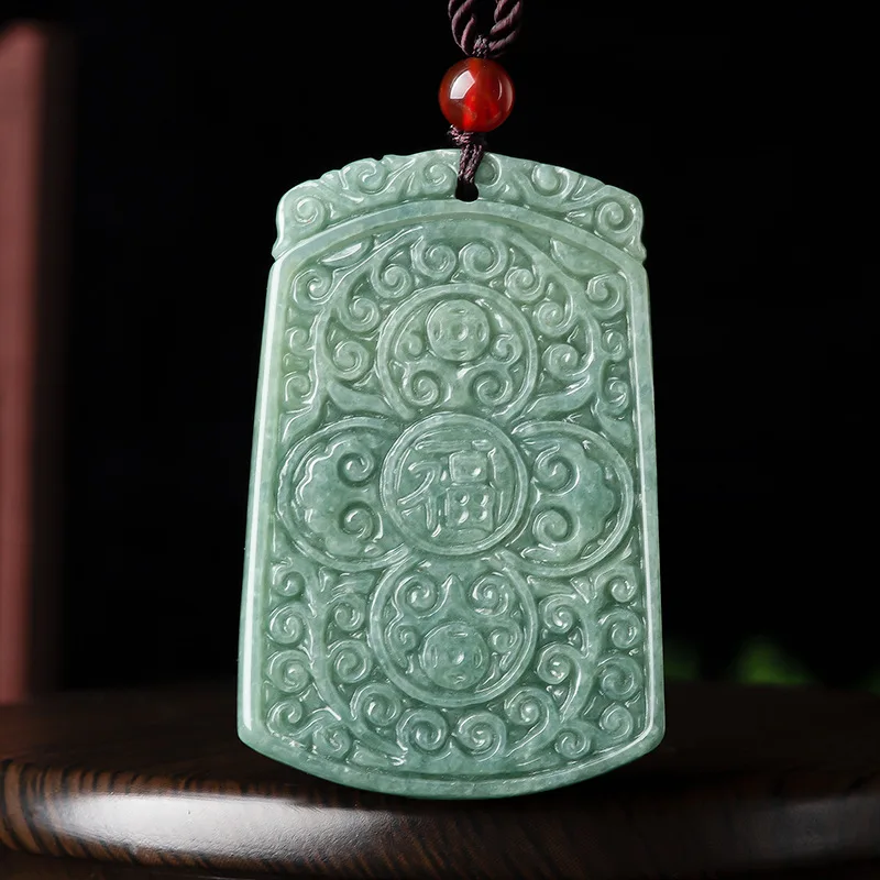 

Burmese Jade Ruyi Pendant Gift Jadeite Green Emerald Talismans Chinese Vintage Amulets Necklace Carved Natural Jewelry