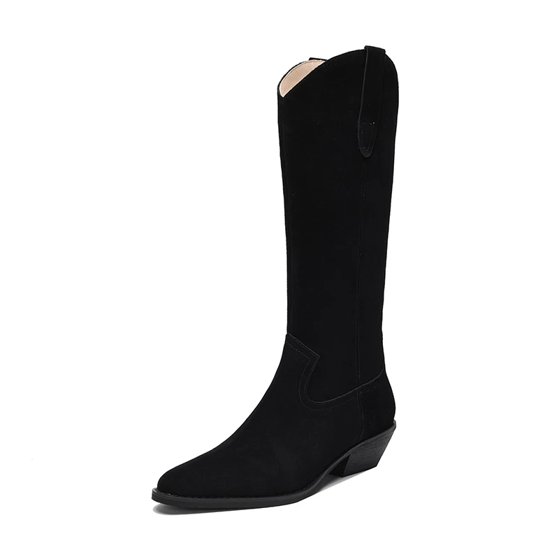 Женские замшевые ковбойские сапоги элегантные до колена с острым носком на
