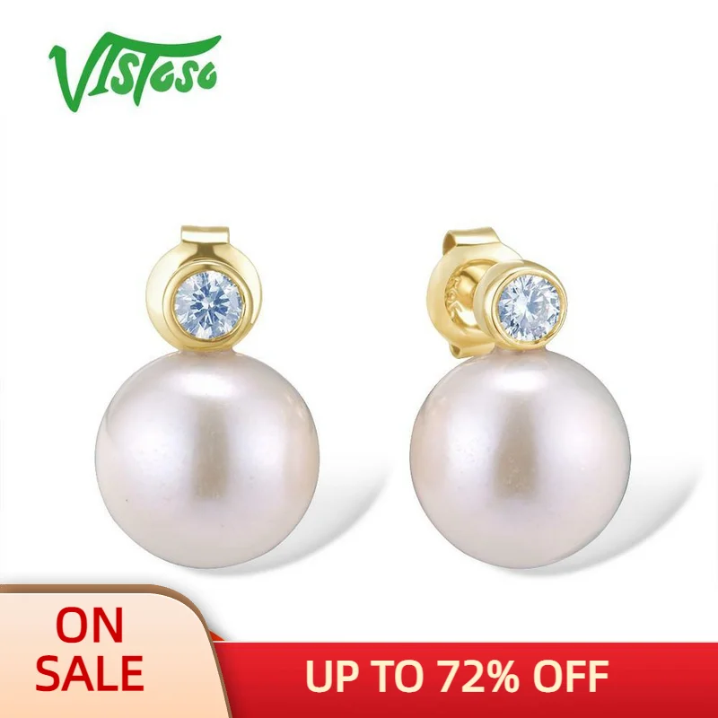 

VISTOSO Pure 14K 585 Yellow Gold Earrings For Women Sparkling Diamond Fresh Water Pearl Unique Trendy Elegant Fine Jewelry