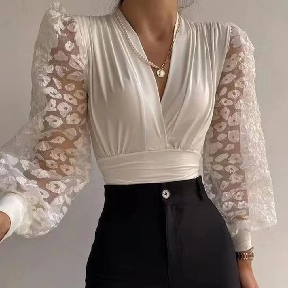 

2022 Spring Women's Pure Color Transparent Mesh Top Women's Elegant V-neck Puff Sleeve Top Women's Shirt Office Ladies Suit Traf