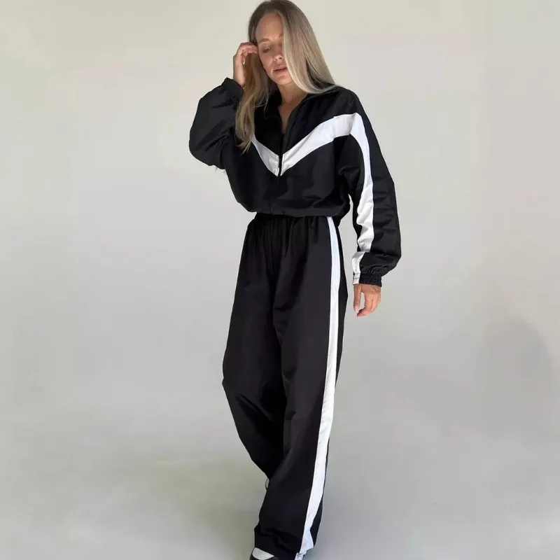Фото Европейско-американский модный повседневный женский комплект: кардиган с длинными рукавами и контрастными вставками, брюки, спортивный костюм в уличном стиле №3