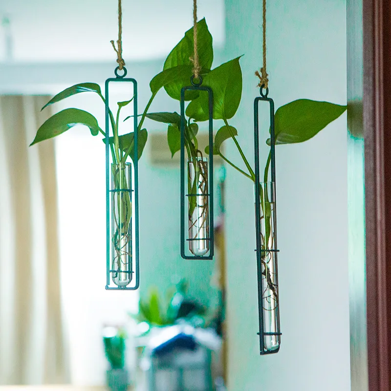 

Creative iron art glass vase twine pendant living room wall hanging hydroponic green plant container hanging wall decoration