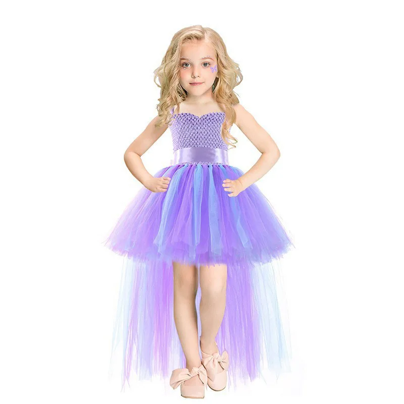 

Fancy Fairy Fluffy Tulle Tutu Children Princess Dress Purple Toddler Girls Party Costume Shoulder Strap Tops Kid Dovetail Skirts