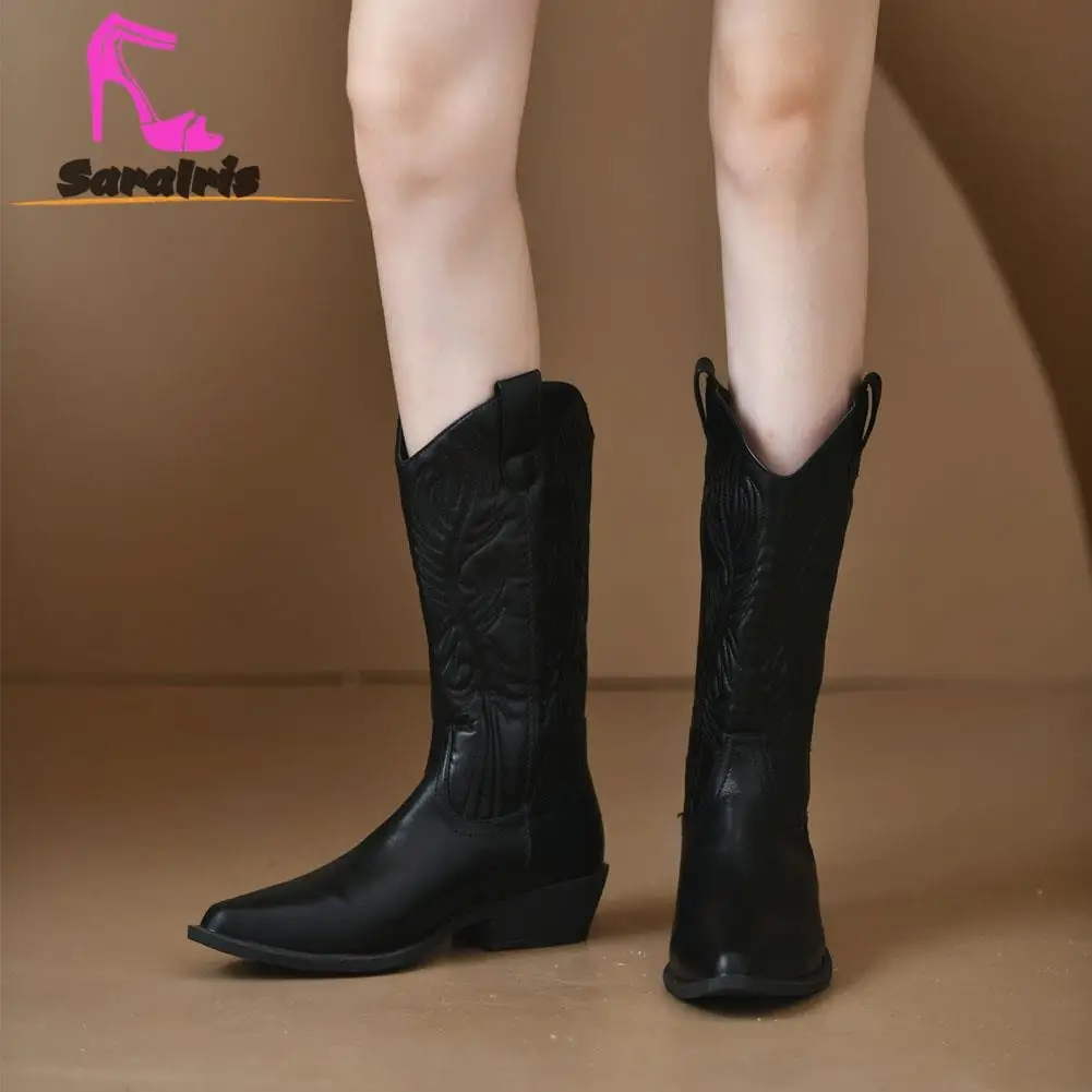 

Женские ботинки в западном стиле, черные удобные Винтажные ботинки до середины икры с острым носком и вышивкой, для прогулок, зима-осень 2023