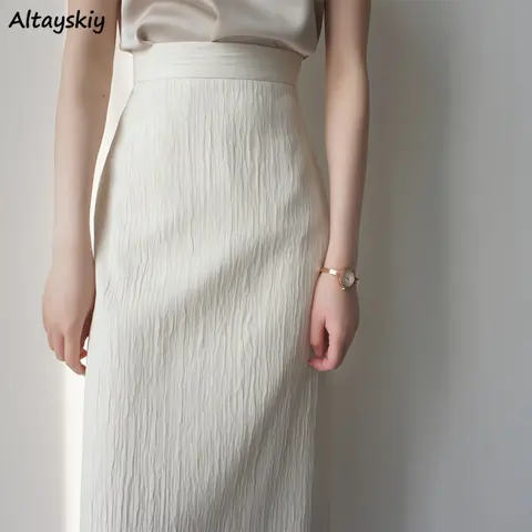 White Midi Skirts Women High Waist Elegant Females Aesthetic All-match Solid Minimalist Юбка Женская Casual Clothing Summer Ins