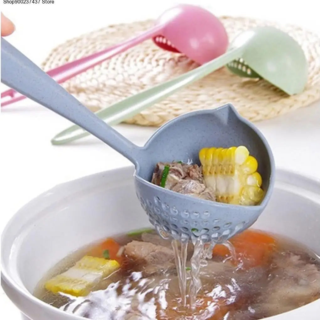 

Hot Selling 2 in 1 Long Handle Soup Spoon Home Strainer Cooking Colander Kitchen Scoop Plastic Ladle Tableware