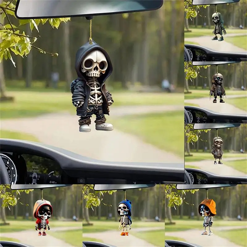 

Acrylic Skeleton Figurines Car Mirror Swing Pendant Skeleton Swing Car Ornament Halloween Car Interior Decorations For Auto
