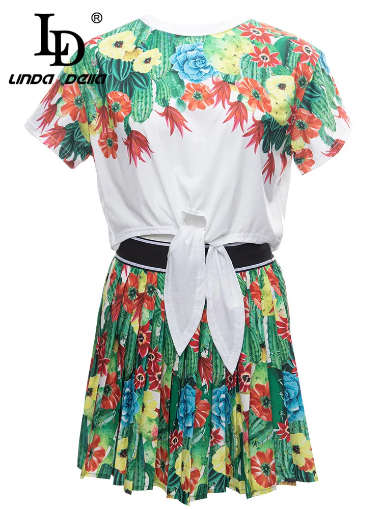 

LD LINDA DELLA Summer Fashion Designer Vintage Set Women's Round Neck Print Frenum Top+Elastic Waist Crumple Mini Skirts Sets