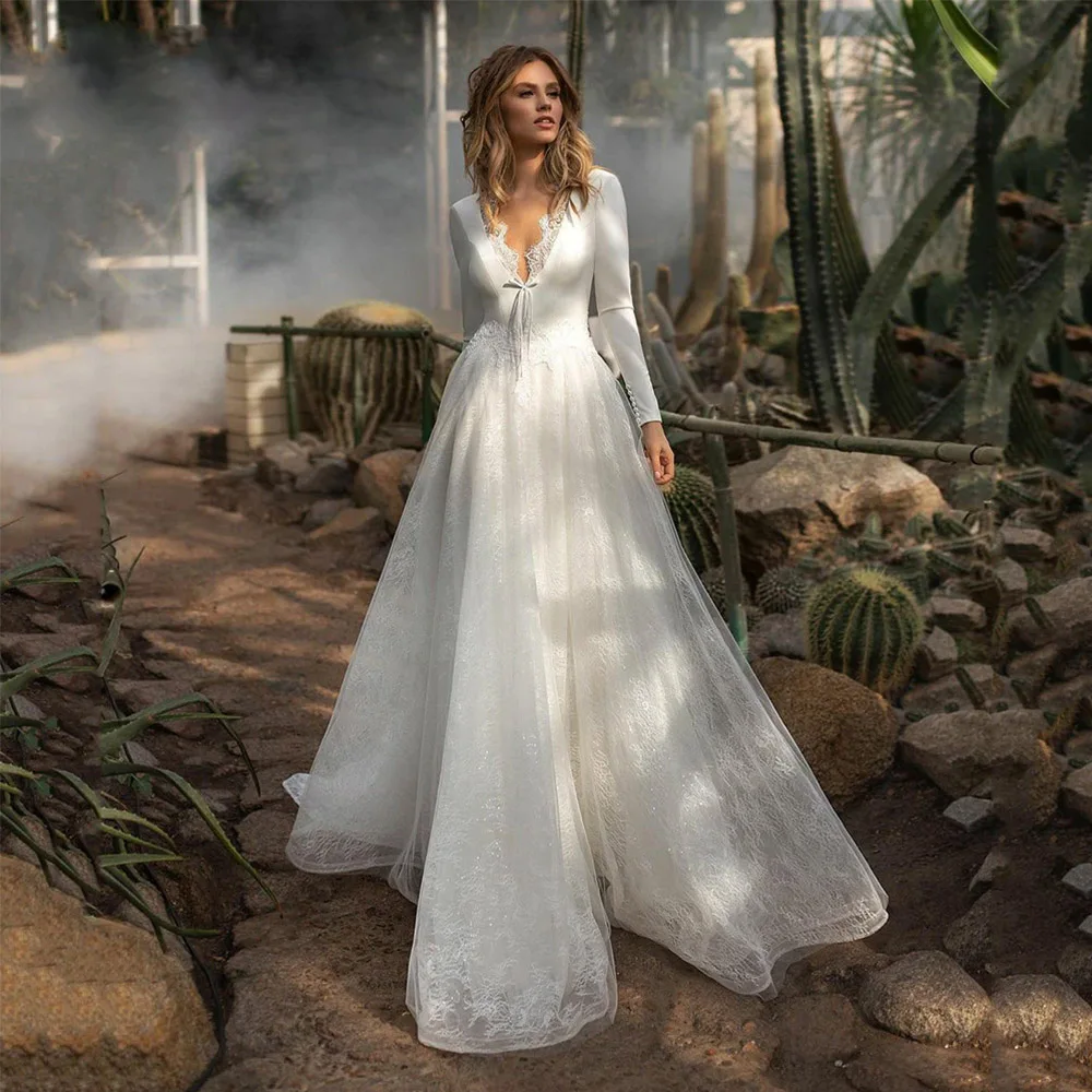 

Женское свадебное платье до пола It's yiiya, белое фатиновое платье с длинным рукавом и V-образным вырезом на лето 2019