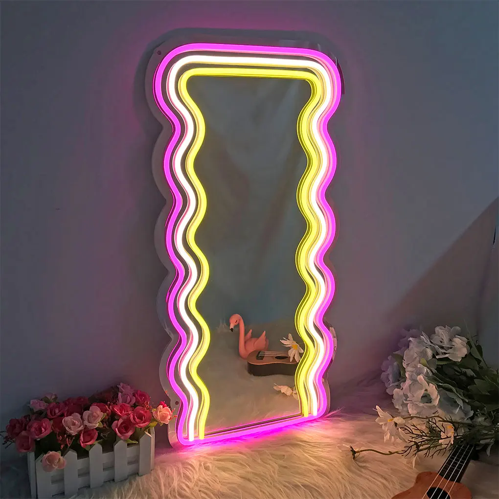 Wavy Mirror with LED Neon Lights LED Cosmetic Make Up Wave Mirror Night Lamp Girls Home Room Decoration Makeup Mirror Lights