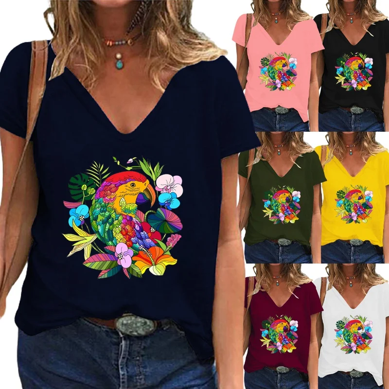 

Women's New Fashion Summer Multicolor Printing T-shirt Casual Short-sleeved Deep V-neck T-shirt Solid Color Pullover Shirt