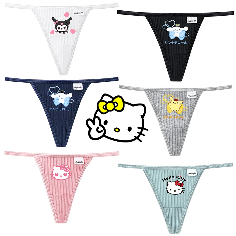 

Kawaii Anime Hello Kitty Thong Underpants Pure Cotton Women Europe America Low Waist Comfortable Women T Underwear Bikini Ribbon