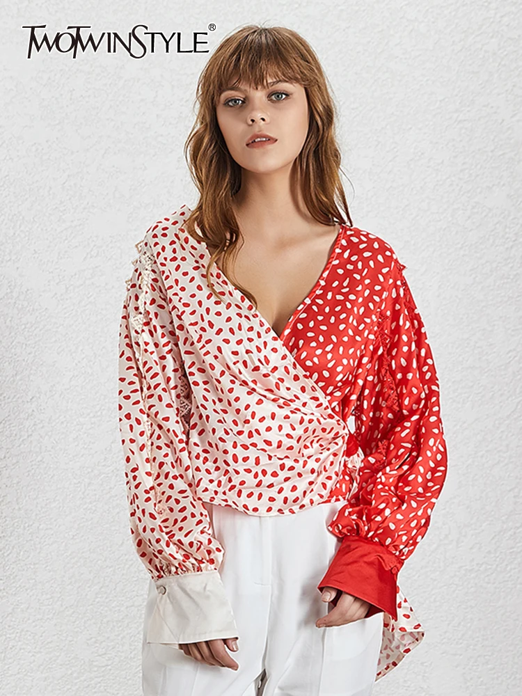 

TWOTWINSTYLE Print Dot Hit Color Shirt For Women V Neck Long Sleeve Lace Up Bowknot Casual Blouse Female Fashion New Spring 2022