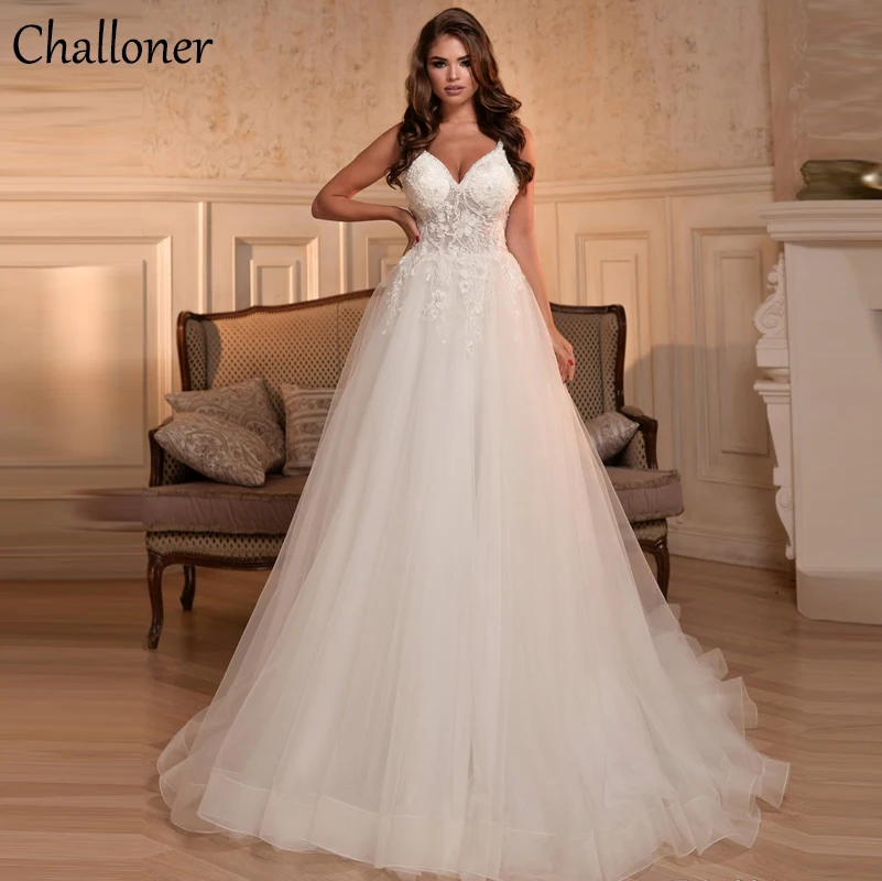 Купи Challoner Princess Wedding Dress for Women V Neck Lace Appliques Bridal Ball Gowns Spaghetti Straps Court Train Vestido De Novia за 8,880 рублей в магазине AliExpress