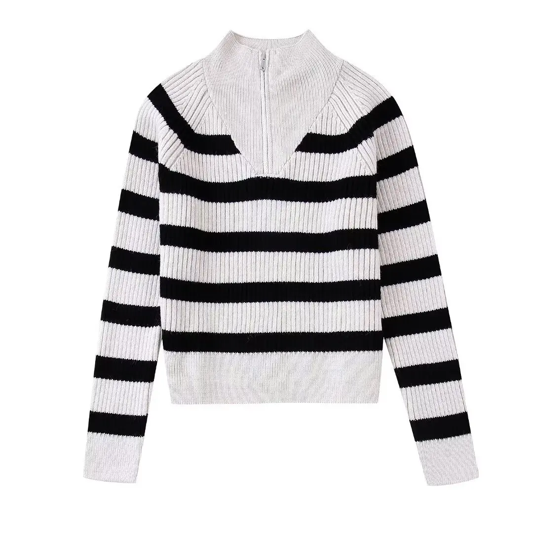 

2022 autumn new European and American cross-border women's street fashion casual versatile striped knitwear