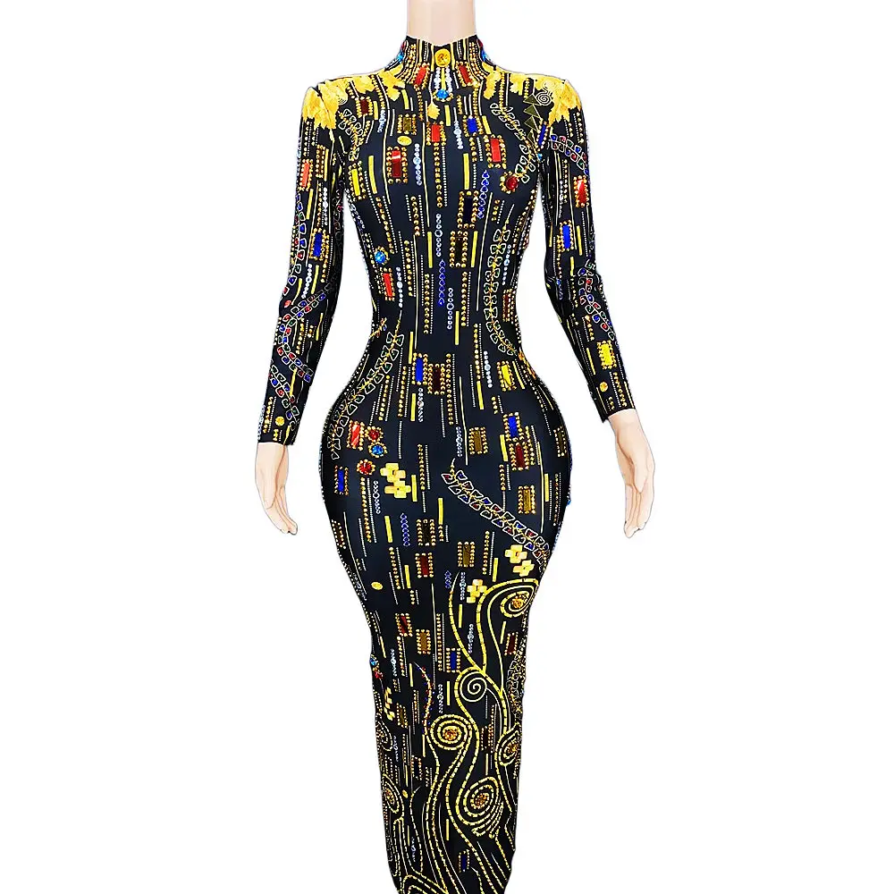 

Black Shining Rhinestones Long Sleeves High Neck Sexy Women Dress Evening Party Clothing Ballroom Dance Wears Stage Costumes
