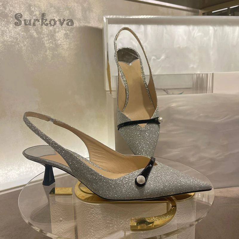 Mesh Pearl Ankle Wrap Sandals 2023 Summer Pointed Toe Kitten Heel Back Strap Pumps Fashion Bling High Heels Office Wedding Shoes