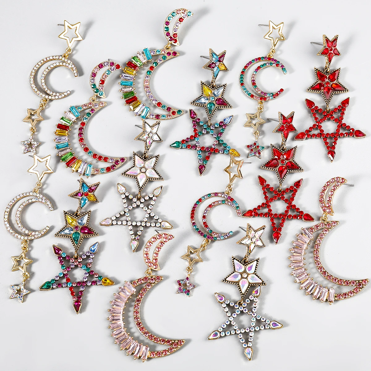 

JIJIAWENHUA New Shiny Rhinestone Star Moon Shape Women's Earrings Dinner Party Wedding Fashion Statement Jewelry Accessories