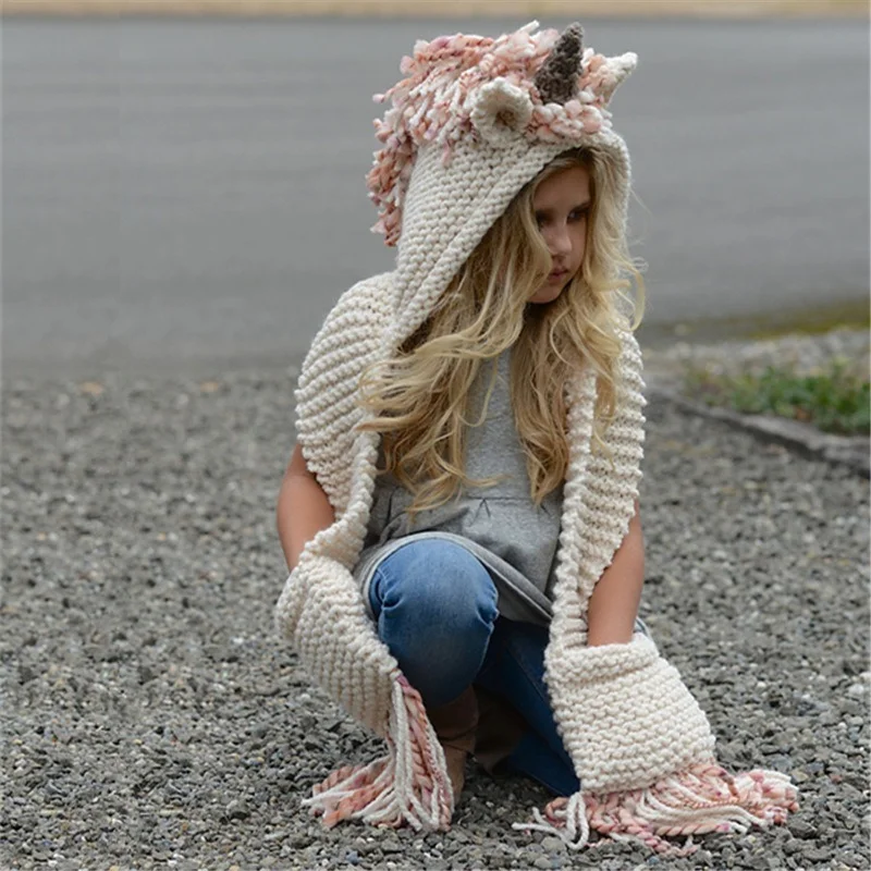 

Winter Kids Crochet Cartoon Unicorn Winter Hat with Scarf Pocket Hooded Knitting Beanie Cosplay Photography for Boy Girl