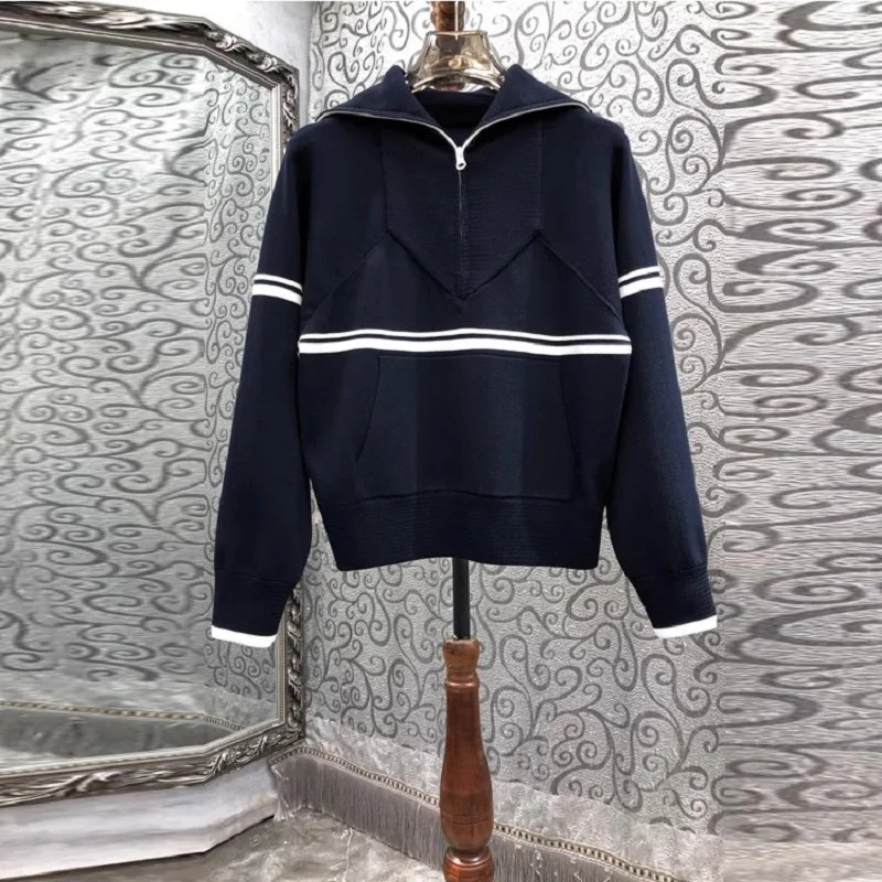 

Женский свитер с отложным воротником, белый и синий пуловер контрастной расцветки, вязаный джемпер с длинным рукавом, Осень-зима 2023