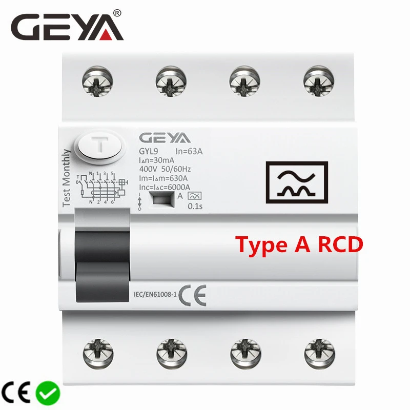GEYA Type A RCD Magnetic Residual Current Circuit Breaker ELCB 3P+N 40A 63A  RCD ELCB Detect Pulsating DC Residual Current