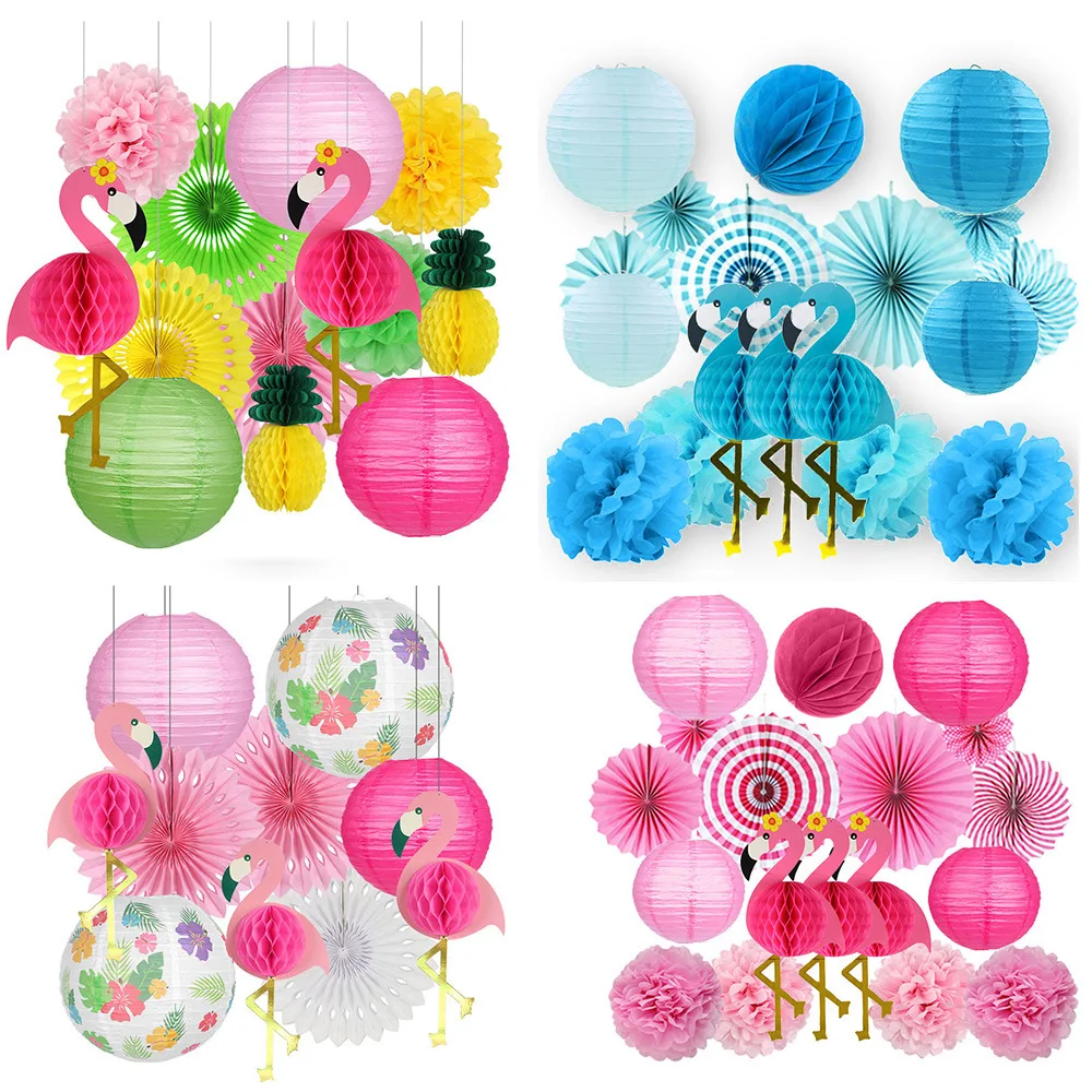 

Hawaiian Pink Flamingo Lantern Set Tropical Rainforest Pineapple Theme Honeycomb Paper Flower Ball birthday Party Home Decor