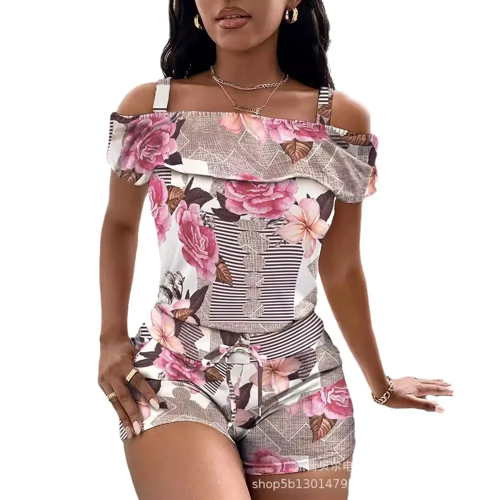 Женский летний цветочный костюм с завышенной талией юбка коротким рукавом майка