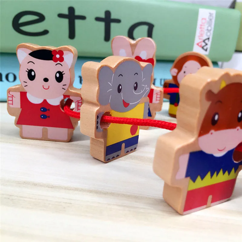 

6pcs Wooden Puzzles Toys Doll Various Animal Tiger Rabbit Beads Toys Mini Around Beads Kids Educational Toys for Children